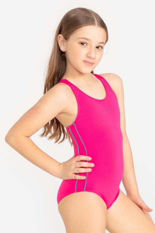 Maiô Infantil Friso Fechado nas Costas com Touca - Pink/Verde