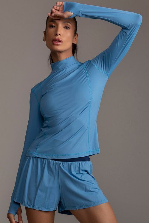 Blusa Neutral Manga Longa Run com Abertura no Polegar - Azul Lavado