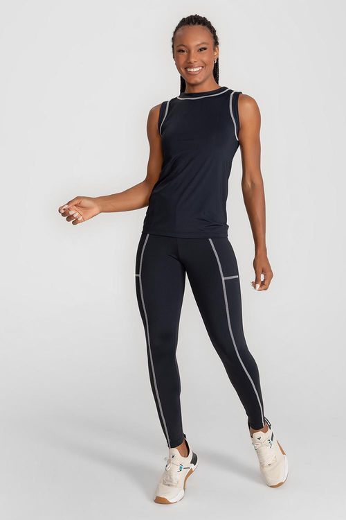 Calça Legging Cover Contraste com Bolsos Funcionais - Preto