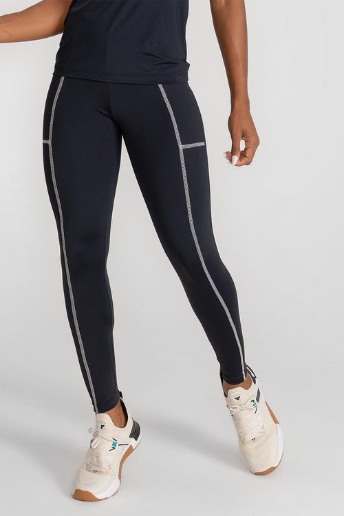 Calça Legging Cover Contraste com Bolsos Funcionais - Preto